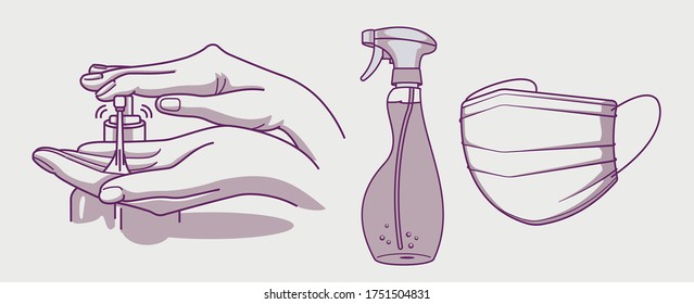 Set of vector illustrations for hygiene and infection prevention.Wash hand, disinfectant and medical mask