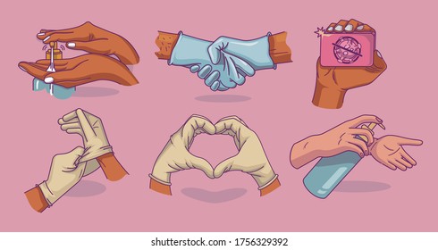 Set of vector illustrations for hygiene and infection prevention.Wash hand, medical glovers.