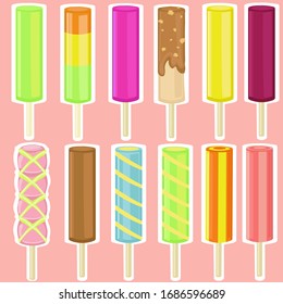 Set of vector illustrations with ice cream, frozen ice on sticke. Cartoon style. Can be used for icons or stickers.