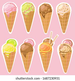 Satz von Vektorgrafiken mit Eis, Waffelkegel. Cartoon-Stil. Kann für Symbole oder Aufkleber verwendet werden