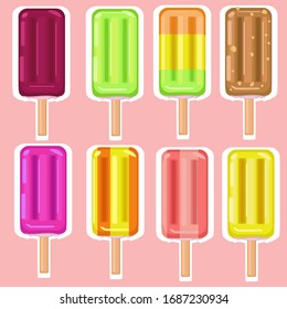 Set of vector illustrations with ice cream. Cartoon style. Can be used for icons or stickers.