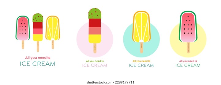 Set of vector illustrations, ice cream, popsicle, vibrant colors, graphic design, wall art, summer, typography, pastel
