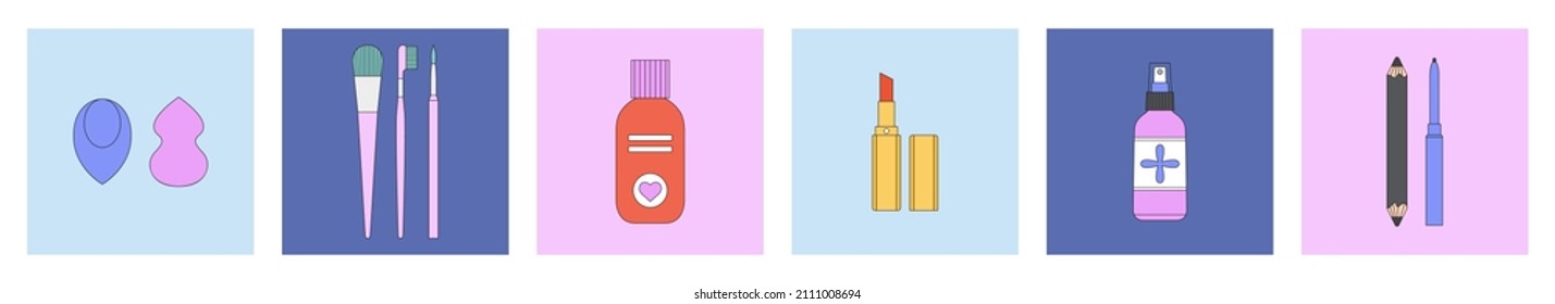 Set of vector illustrations, icons with beauty products. Korean cosmetics. Can be used in magazine, banner, social media publication, highlights, typographic design. Makeup and online shopping concept