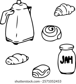 A set of vector illustrations of icons with buns, croissants, a teapot and a jar of jam