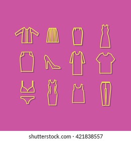 Set of vector illustrations icons of clothes. shoes. pants. skirts. dresses. top. shirt. blouse