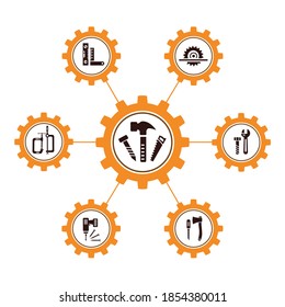 A set of vector illustrations of icons, construction tools for repair, installation and maintenance of apartments and residential premises, finishing and construction works.