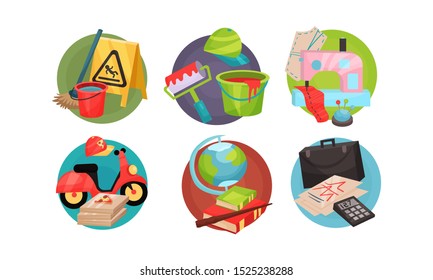 Set Of Vector Illustrations With Icons Of Different Professions And Jobs