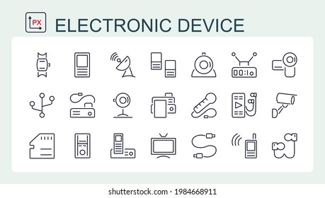 A set of vector illustrations, icons of electronic devices from a thin line. Video, surveillance, print, walkie-talkie, and computer electronics.