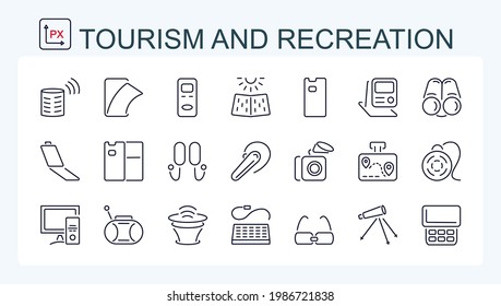 A set of vector illustrations, icons of electronic devices from a thin line. Computer, navigator, binoculars, telescope, and computer electronics.