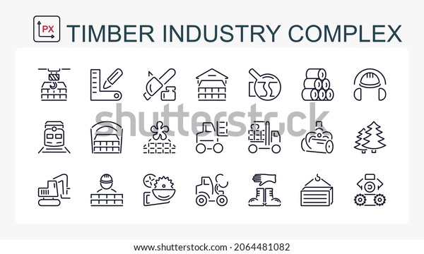 A set of\
vector illustrations, icons with a fine line of the forest\
industry. Logger. Timber industry\
equipment.