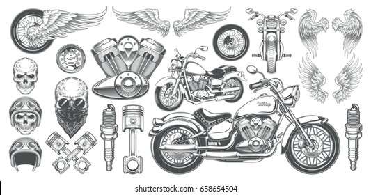 Set of vector illustrations, icons of hand-drawn vintage motorcycle in various angles, skulls, wings in the style of engraving. Classic chopper in ink style. Print, engraving, template, design element
