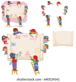Set of vector illustrations, icons of happy children draw on a large sheet of paper
