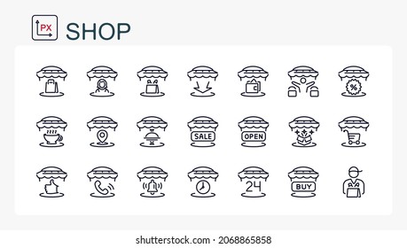 Un conjunto de ilustraciones vectoriales, iconos de la línea. Tienda, venta y servicios. La línea que se está editando.