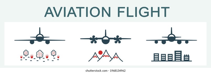 A set of vector illustrations, icons, logos of an airplane, an airliner. Air transport.