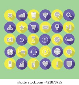Set of vector illustrations icons. message. letter. play. Wi-Fi. location. smile. planet. a heart. clock. direction. planet. basket.