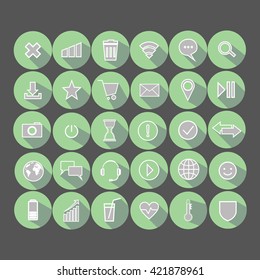 Set of vector illustrations icons. message. letter. play. Wi-Fi. location. smile. planet. a heart. clock. direction. planet. basket.