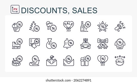 Un conjunto de ilustraciones vectoriales, íconos de descuento de Año Nuevo, venta, porcentaje. Servicios de entrega de regalos de Navidad.
