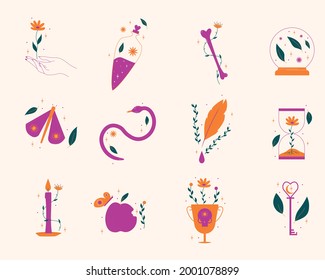 Set of vector illustrations, icons, on the theme of magic and summer. Illustrations inspired by nature and the occult.