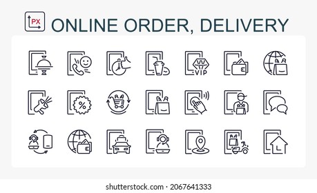 Eine Reihe von Vektorgrafiken, Symbole Online-Bestellung, Lieferung. 