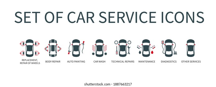 Un conjunto de ilustraciones vectoriales de íconos, signos, logotipos para la reparación y mantenimiento de coches, lavado, diagnóstico, pintura y otros trabajos de reparación. Servicio de coches.