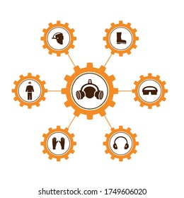 A set of vector illustrations of icons of special clothing and protective equipment for repair, installation and maintenance, as well as other construction works and industrial production