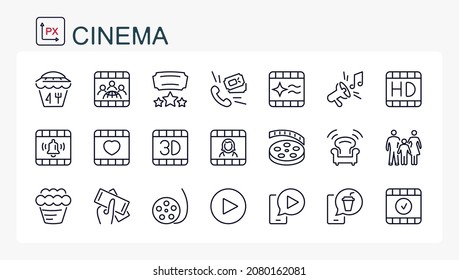 A set of vector illustrations, icons from the thin line of the cinema, a movie.