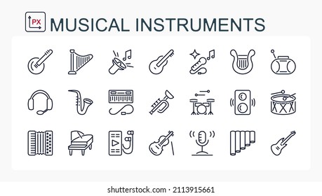 A set of vector illustrations, icons from a thin line. Musical instruments. Editable, isolated on a transparent background.