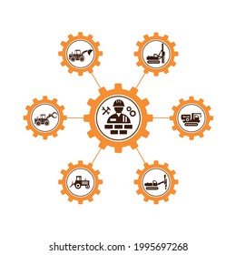 A set of vector illustrations of icons of working personnel, special equipment and tools for construction work of enterprises and other services and organizations.