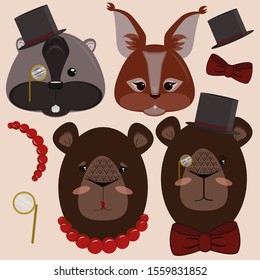 Set of vector illustrations. Images of cute forest animals: bears, squirrel and beaver.