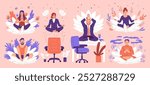 Set of vector illustrations includes male and female characters meditating next to lotus flowers. People practice meditation at home and in the office. Flat cartoon style. Isolated background.