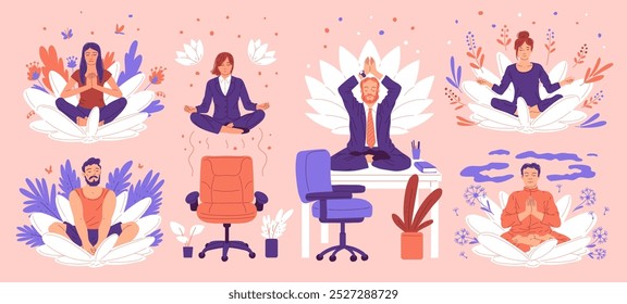 Um conjunto de ilustrações vetoriais inclui personagens masculinos e femininos meditando ao lado de flores de lótus. As pessoas praticam meditação em casa e no escritório. Estilo de desenho animado plano. Plano de fundo isolado.