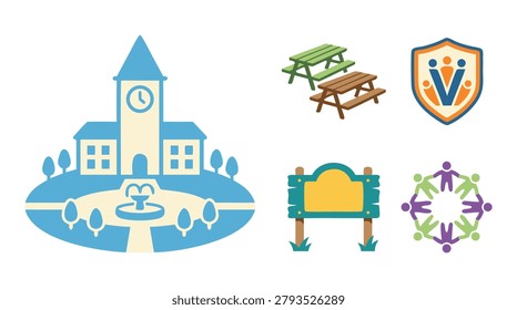 A set of vector illustrations including a town hall, picnic tables, a shield emblem, a signpost, and a circular arrangement of people.