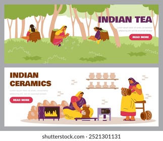 Un conjunto de Ilustraciones vectoriales de mujeres indias vestidas con ropas tradicionales en el trabajo. Recolectan hojas de té en las plantaciones y crean cerámica en un taller de cerámica. Estilo plano de la historieta con el espacio para el texto.