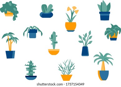 Conjunto de ilustraciones vectoriales de flores interiores. Conjunto floral de estilo plano. Iconos de macetas de flores para afiches, decoración y aplicaciones.
