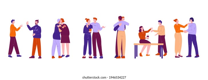 Set of vector illustrations of informal meeting of friends and colleagues. Mutual hugs, greetings. Flat style.