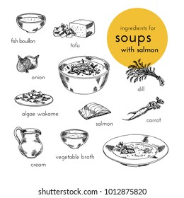 set of vector illustrations of Ingredients for salmon soups. hand drawn illustration. graphics vintage style. products for cooking