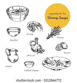 set of vector illustrations of ingredients for shrimp soups. hand drawn illustration. graphics vintage style. products for cooking