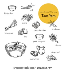 set of vector illustrations of Ingredients for thai tom-yam soup. hand drawn illustration. graphics vintage style. products for cooking