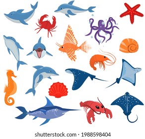 a set of vector illustrations with the inhabitants of the sea. A variety of mammals, fish and shellfish isolated on a white background