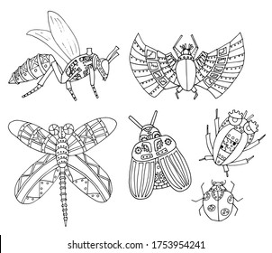 Set of vector illustrations of insects drawn in the steampunk style.Collection of mechanical beetles, bees, dragonflies. Outline drawing. Page of coloring books for children and adults, art therapy.