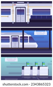 Satz von Vektorgrafiken von innen leeren Baffle-Gate oder Drehkreuz als Passatgate für den Verkehr in der U-Bahn oder U-Bahn, U-Bahn-Zug in der U-Bahn-Plattform. Zug der U-Bahn mit automatischen Türen. Groß