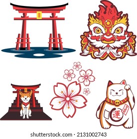 Set of vector illustrations inspired by Asian culture. Composed of a Tori gate, a Shiba Inu dog, a Chinese lion, sakura flowers and a lucky cat or Maneki Neko