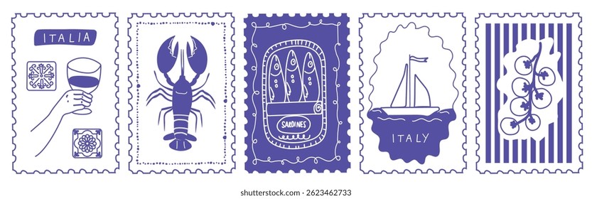 Set of vector illustrations inspired by Italian summer and Amalfi Coast. Hand-drawn travel stamps featuring tomatoes, sailboat, blue tiles, and seafood for vacation-themed prints and graphic design.