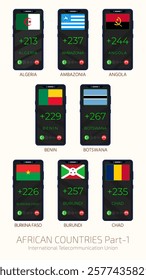 Set of vector illustrations of international country codes and flags of African countries. Part 1.
