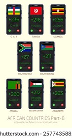 Set of vector illustrations of international country codes and flags of African countries. Part 8.
