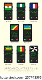 Set of vector illustrations of international country codes and flags of African countries. Part 6.
