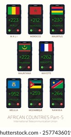 Set of vector illustrations of international country codes and flags of African countries. Part 5.
