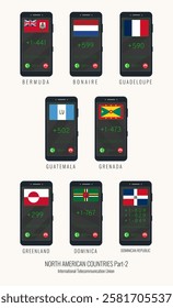 Set of vector illustrations of international country codes and flags of NORTH AMERICAN COUNTRIES . Part 2.
