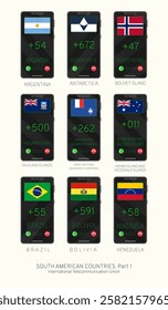 Set of vector illustrations of international country codes and flags of SOUTH AMERICAN COUNTRIES . Part 1.

