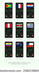 Set of vector illustrations of international country codes and flags of SOUTH AMERICAN COUNTRIES . Part 2.
